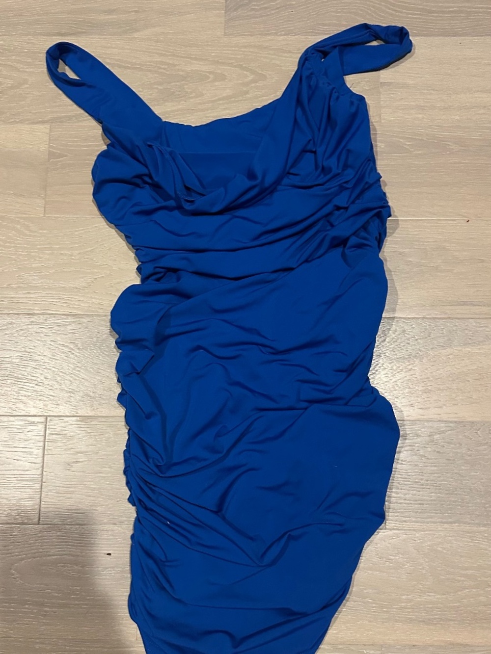 blue ruched mini dress